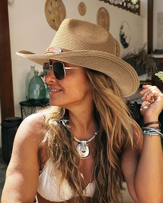 Straw Cowgirl Sun Hats for Women with Wind Lanyard UPF 80+ Beach Hat - BigGreenBear.com clothing 35.00 USD Big Green Bear