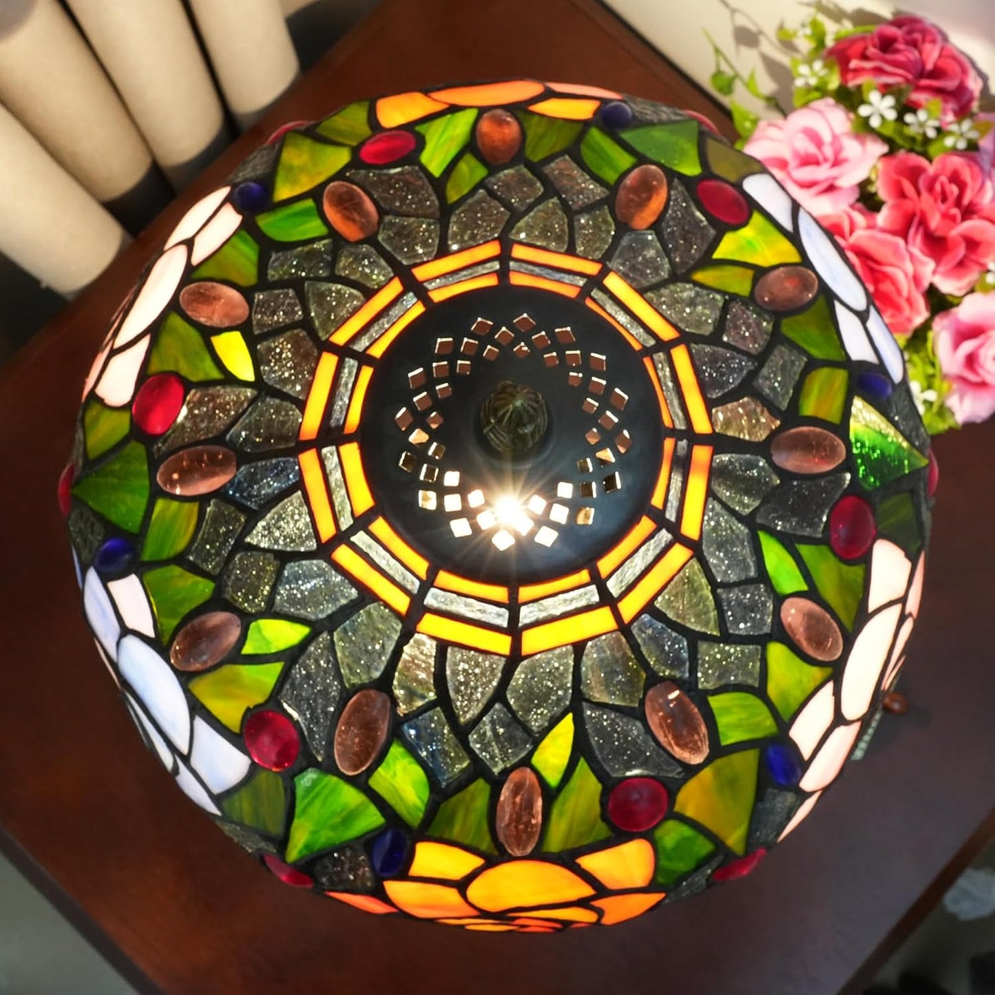 Tiffany Style Stained Glass Lamp Red Orange Purple Pink Rose Table Lamp 19"
