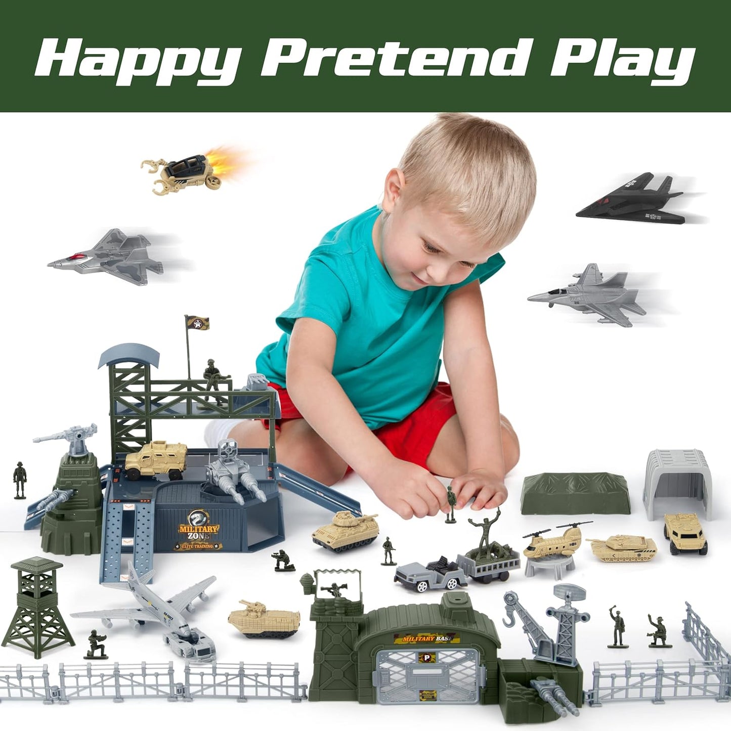Army Toys Set 13 Vehicles Airplane Tank Trucks Helicopter Fighter Jet, Play Mat Army Men - BigGreenBear.com Toys 32.00 USD Big Green Bear