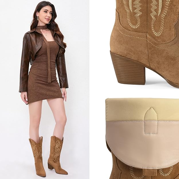 Cowgirl Boots Women Knee High Boots Pointed Toe and Block Heel with Embroidered -  BigGreenBear.com boots 89.99 USD Big Green Bear