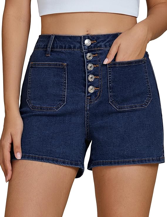 Jean Shorts Women's High Waisted Trendy Button Fly Patch Pocket Side Split