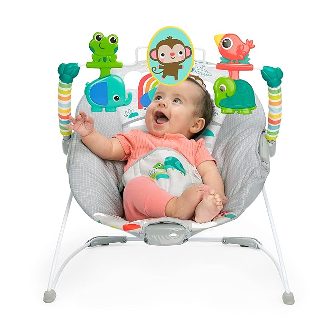 Cute Playful Paradise Comfy Baby Bouncer Seat with Soothing Vibration and Toys