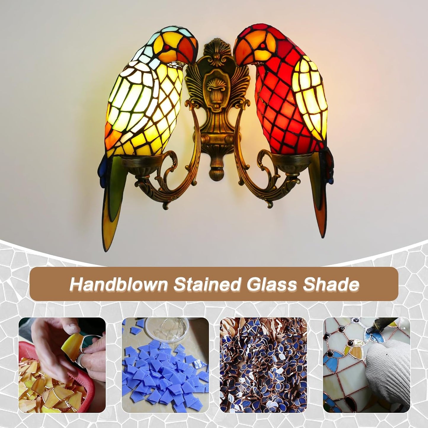 Tiffany Style Parrot Wall Sconce 2 Lights Handmade Stained Glass Wall Light - BigGreenBear.com table lamp 139.99 USD Big Green Bear