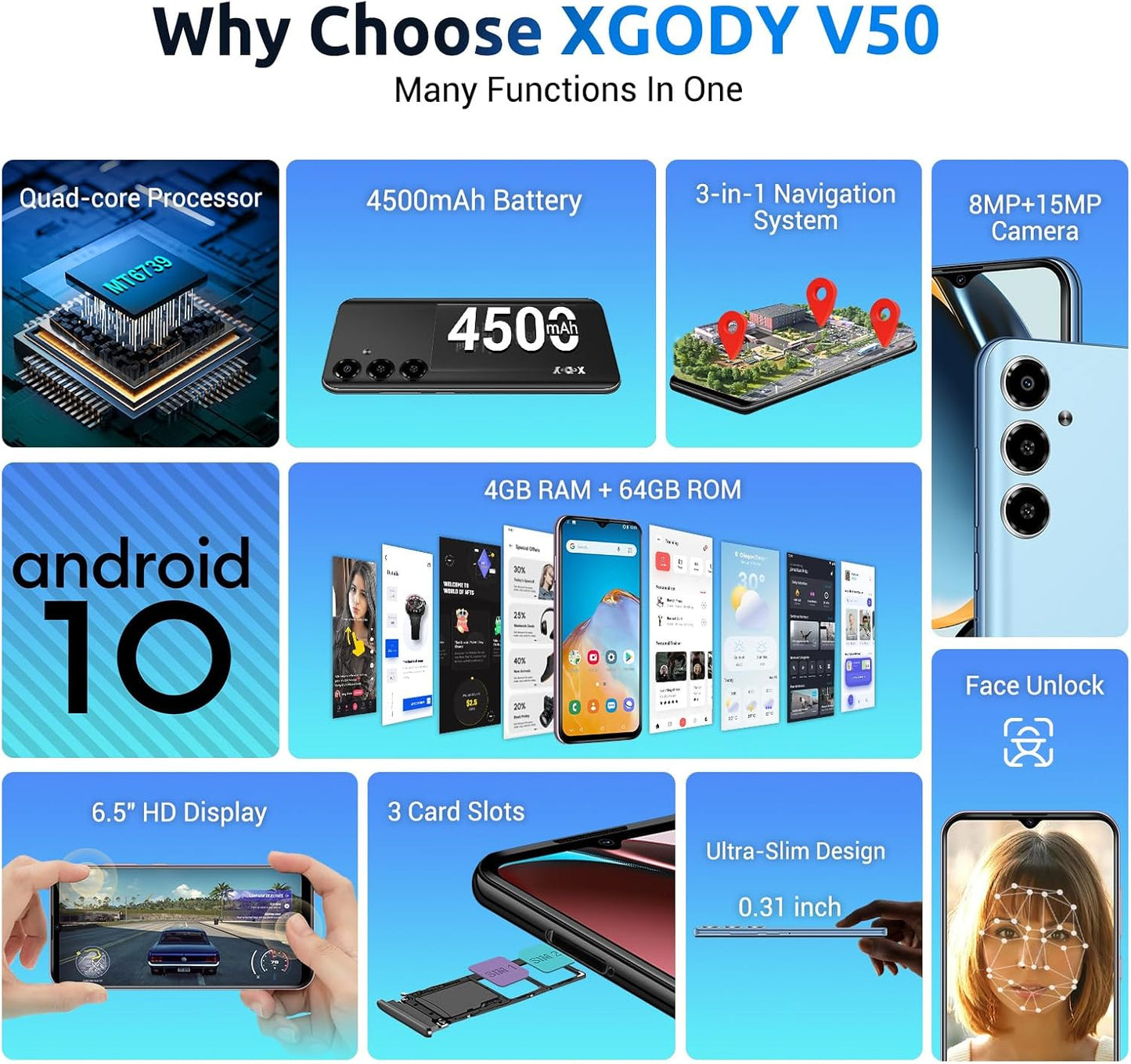 Xgody Unlocked Cell Phones V50, 4GB+64GB ROM, 6.52'' HD Incell Screen Smartphone