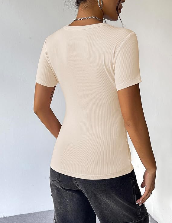 Women's Summer Tops Short Sleeve Shirts Ribbed Knit Square Neck Tshirt