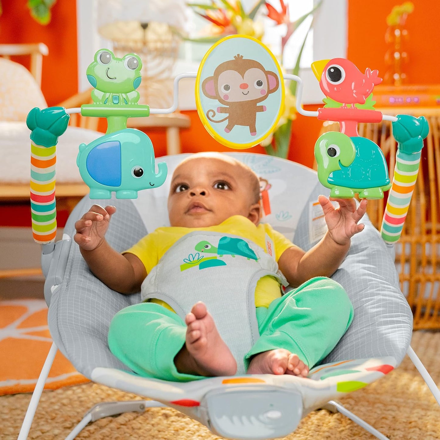 Cute Playful Paradise Comfy Baby Bouncer Seat with Soothing Vibration and Toys