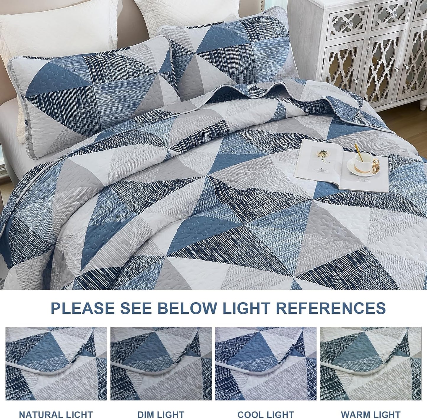 Super Soft Quilt Queen Size Blue, 3 Pieces Patchwork Bedspread Bedding All Season - BigGreenBear.com bedding 39.99 USD Big Green Bear