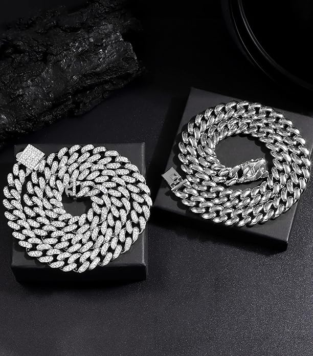 NEW! 2PCS Cuban Link Chain for Men Silver Plated Bling Diamond Chain - BigGreenBear.com jewelry 19.99 USD Big Green Bear