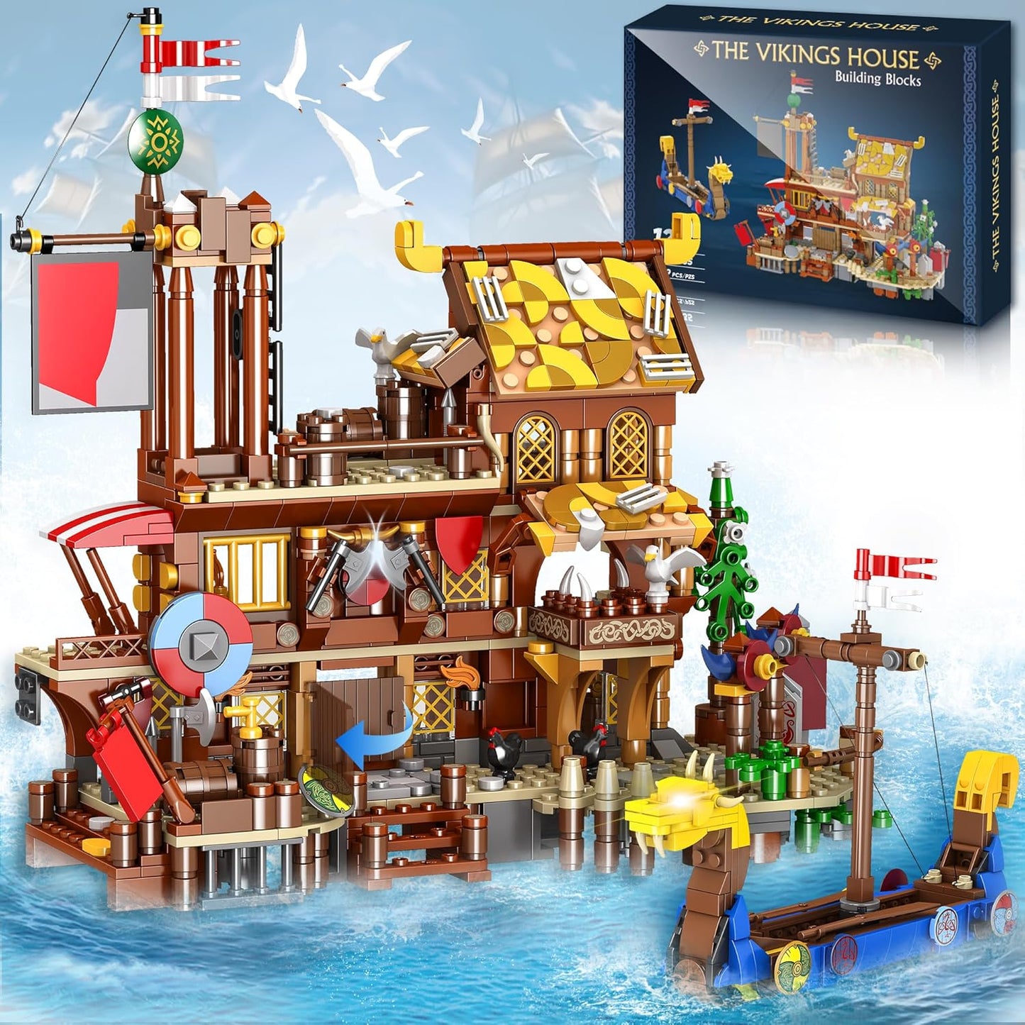 Medieval Viking Village Building Set with Dragon Head Ship, Architecture Building Block - BigGreenBear.com Building Toys 49.89 USD Big Green Bear