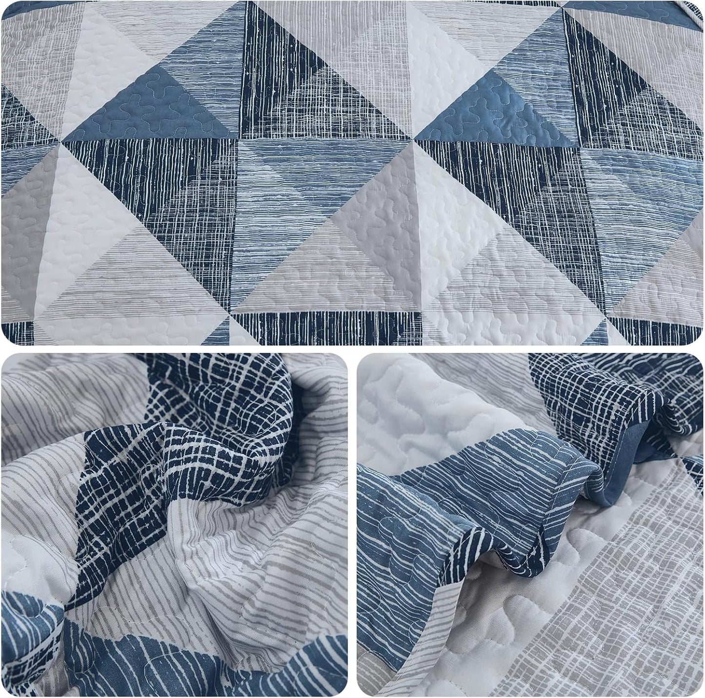 Super Soft Quilt Queen Size Blue, 3 Pieces Patchwork Bedspread Bedding All Season - BigGreenBear.com bedding 39.99 USD Big Green Bear
