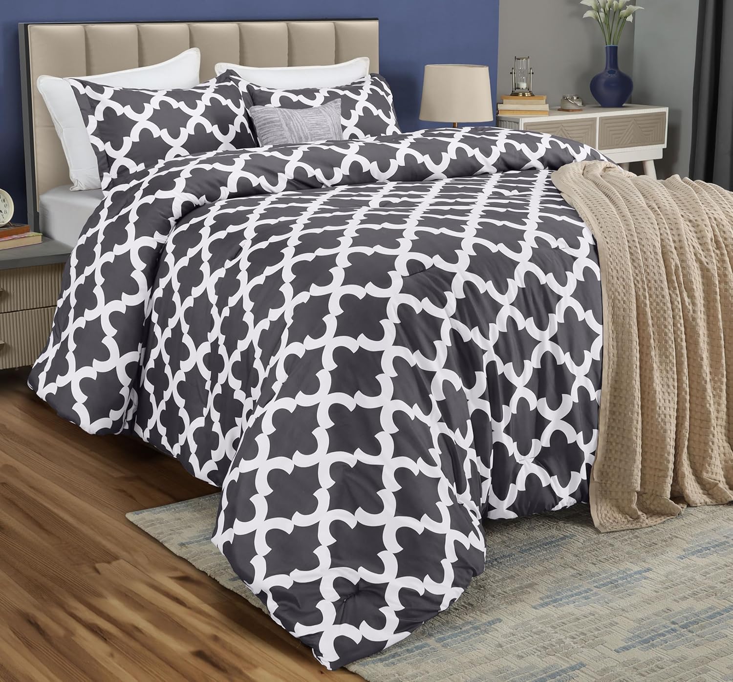 Comforter Set Grey, Printed Comforters King  or Queen Size, 3 Piece Lightweight All Season -  BigGreenBear.com bedding 39.99 USD Big Green Bear