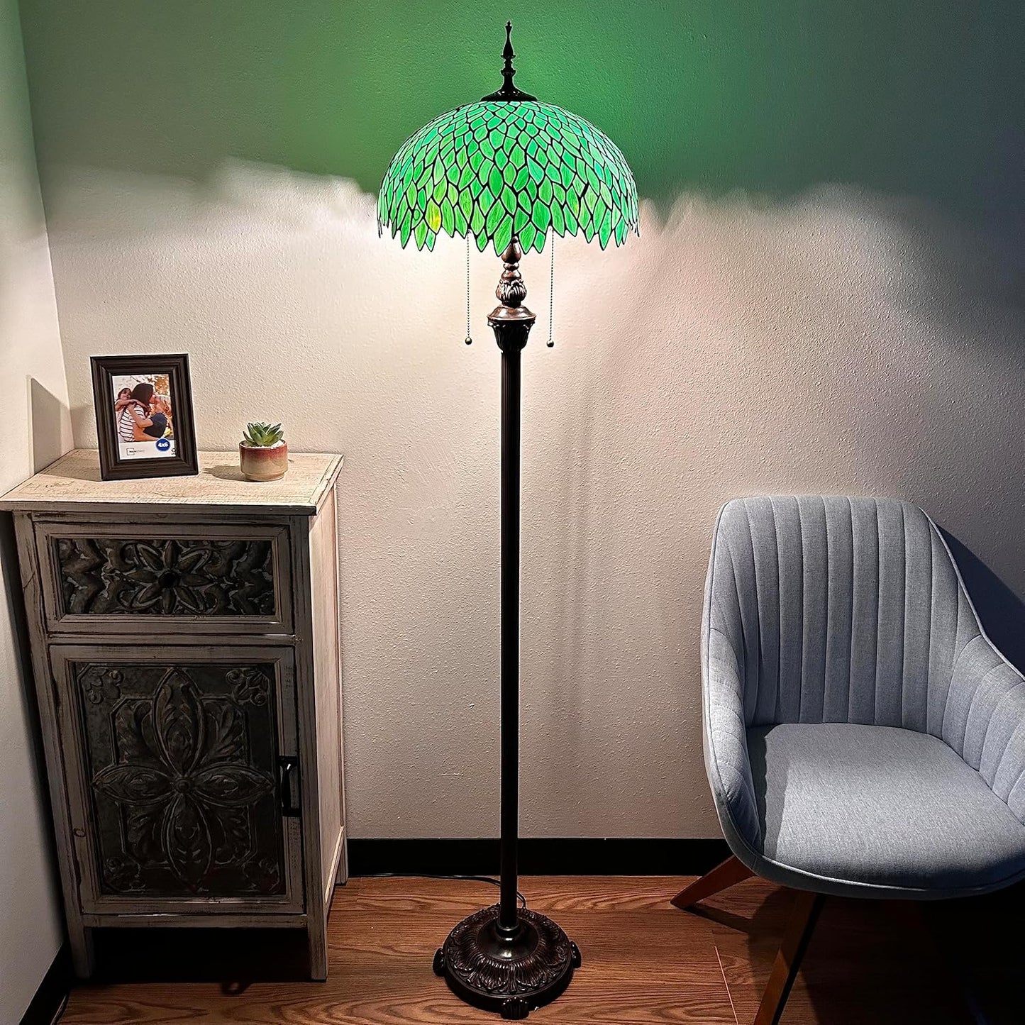 Handcrafted Tiffany Floor Lamp Green Leaves Stained Glass Metal Base 64" High - BigGreenBear.com Lighting 269.00 USD Big Green Bear