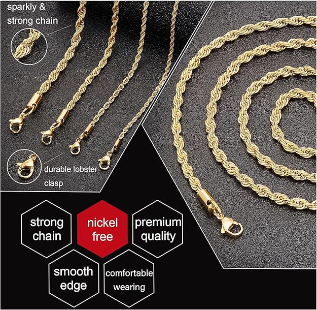 18k Real Gold Plated Rope Chain 3mm Stainless Steel Twist Chain Necklace for Men - BigGreenBear.com jewelry 18.99 USD Big Green Bear