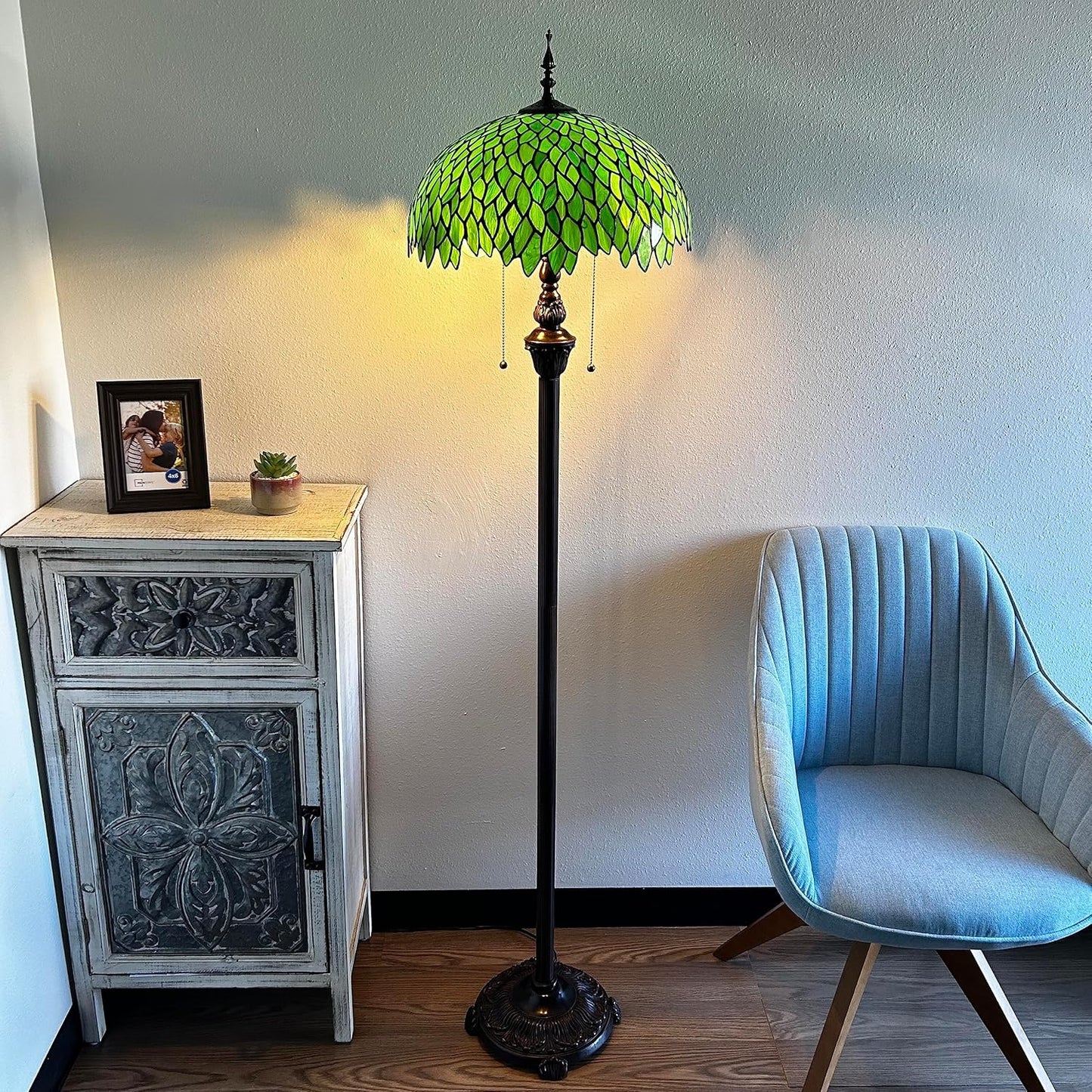 Handcrafted Tiffany Floor Lamp Green Leaves Stained Glass Metal Base 64" High - BigGreenBear.com Lighting 269.00 USD Big Green Bear