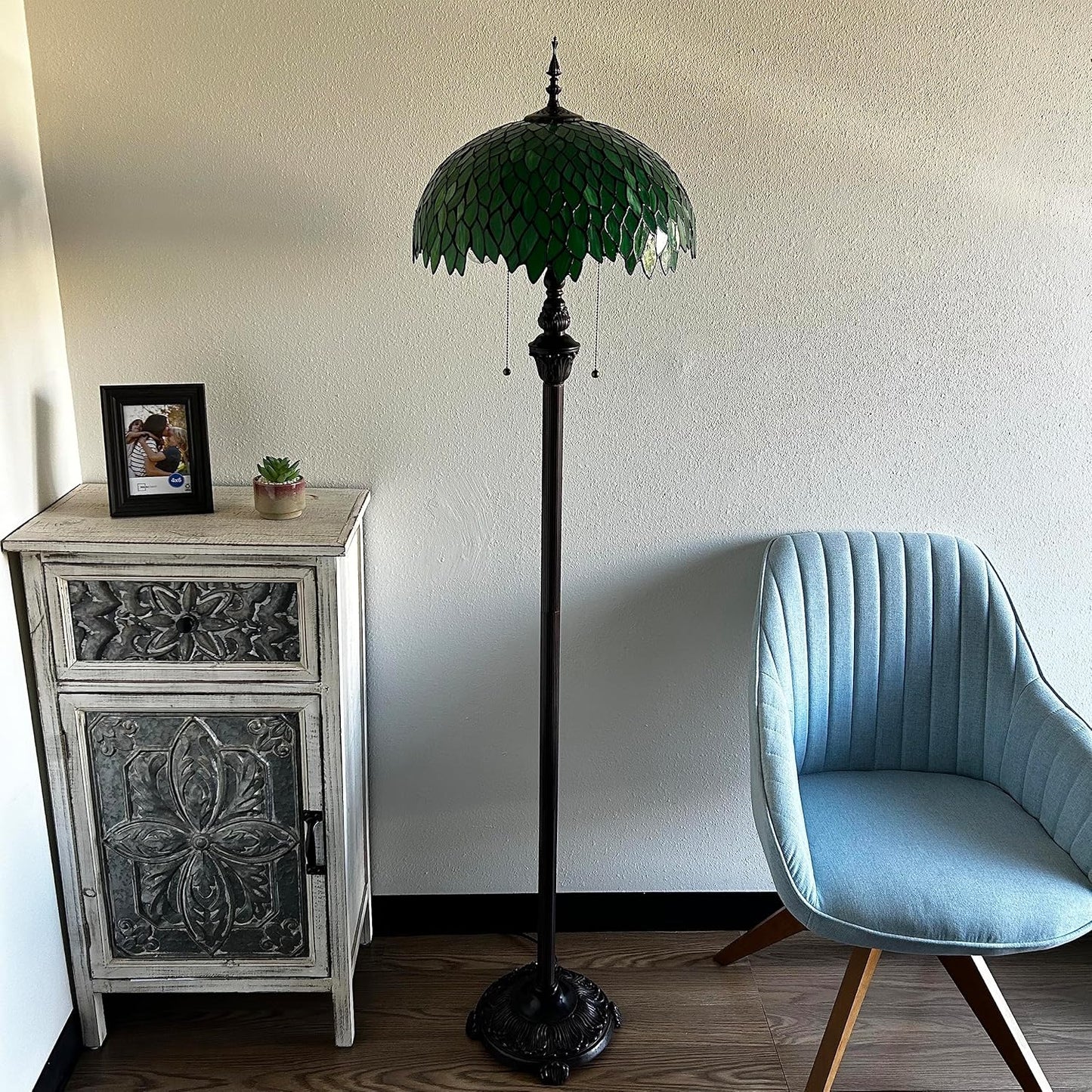 Handcrafted Tiffany Floor Lamp Green Leaves Stained Glass Metal Base 64" High - BigGreenBear.com Lighting 269.00 USD Big Green Bear