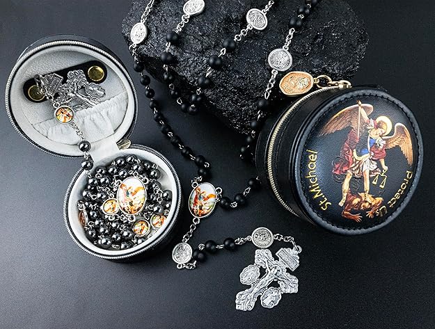 St. Michael the Archangel Catholic Rosary Necklace for Men, 8MM Black Hematite - BigGreenBear.com jewelry 32.44 USD Big Green Bear
