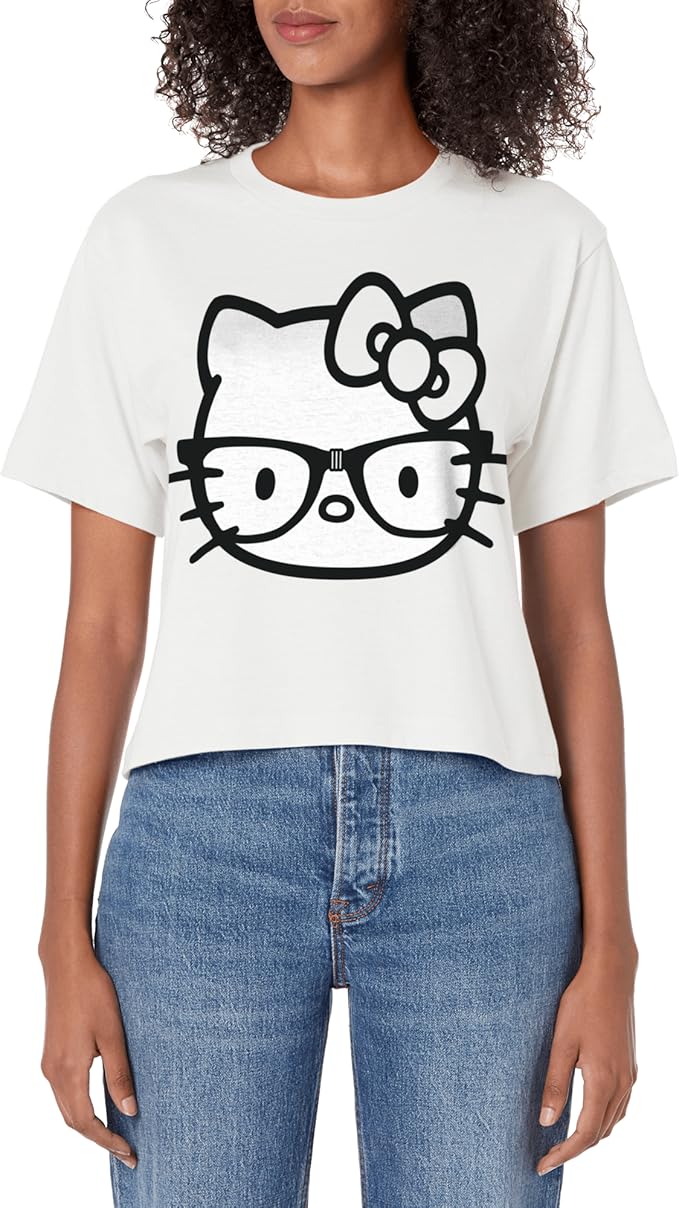Hello Kitty Black and White Nerd Glasses Women's Crop Top - BigGreenBear.com clothing 22.89 USD Big Green Bear