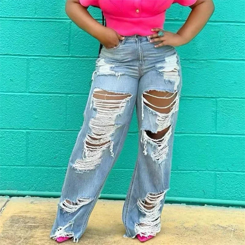 Women's Ripped Jeans Distressed Cutout High Waisted Baggy Straight Wide Leg - BigGreenBear.com clothing 29.95 USD Big Green Bear