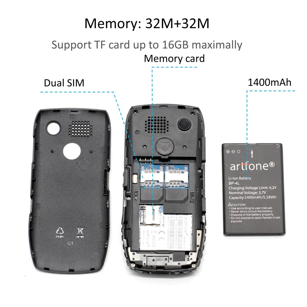 Bar Senior Mobile Phone Artfone C1+ With Free Charging Dock C1 Big Rubber Keypad For Elderly Dual Sim One Key SOS FM 1400mAh - BigGreenBear.com cell phone 39.98 USD Big Green Bear