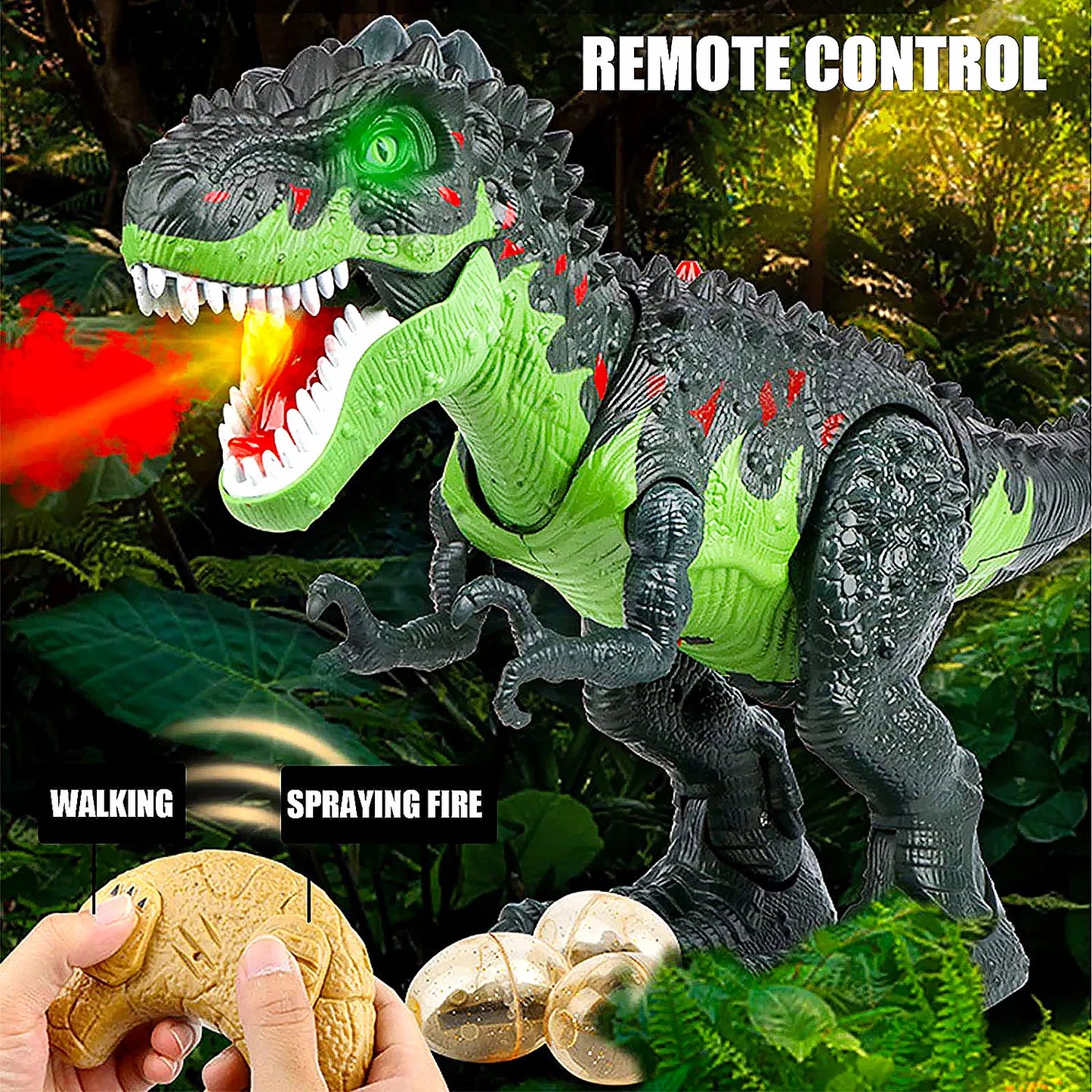 Remote Control Dinosaur Walking Robot T-Rex Simulated Flame Spray Eggs Laying Light & Roaring