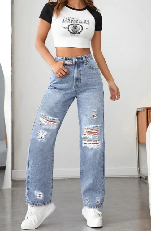 Women's Lightweight Blue Jeans Wide Open Leg Loose and Comfortable