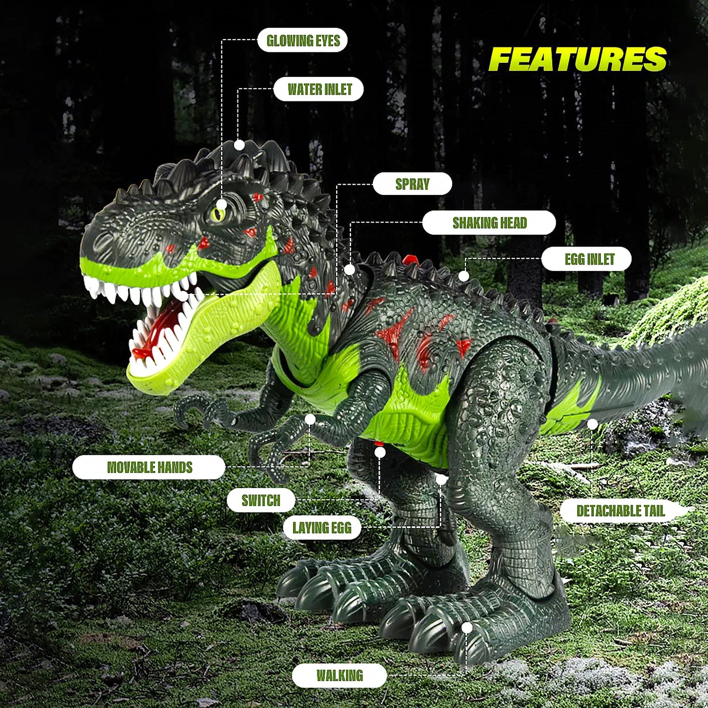 Remote Control Dinosaur Walking Robot T-Rex Simulated Flame Spray Eggs Laying Light & Roaring