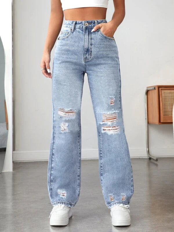 Women's Lightweight Blue Jeans Wide Open Leg Loose and Comfortable