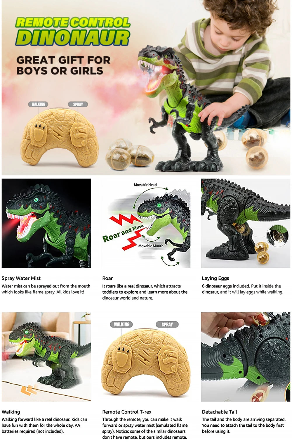 Remote Control Dinosaur Walking Robot T-Rex Simulated Flame Spray Eggs Laying Light & Roaring