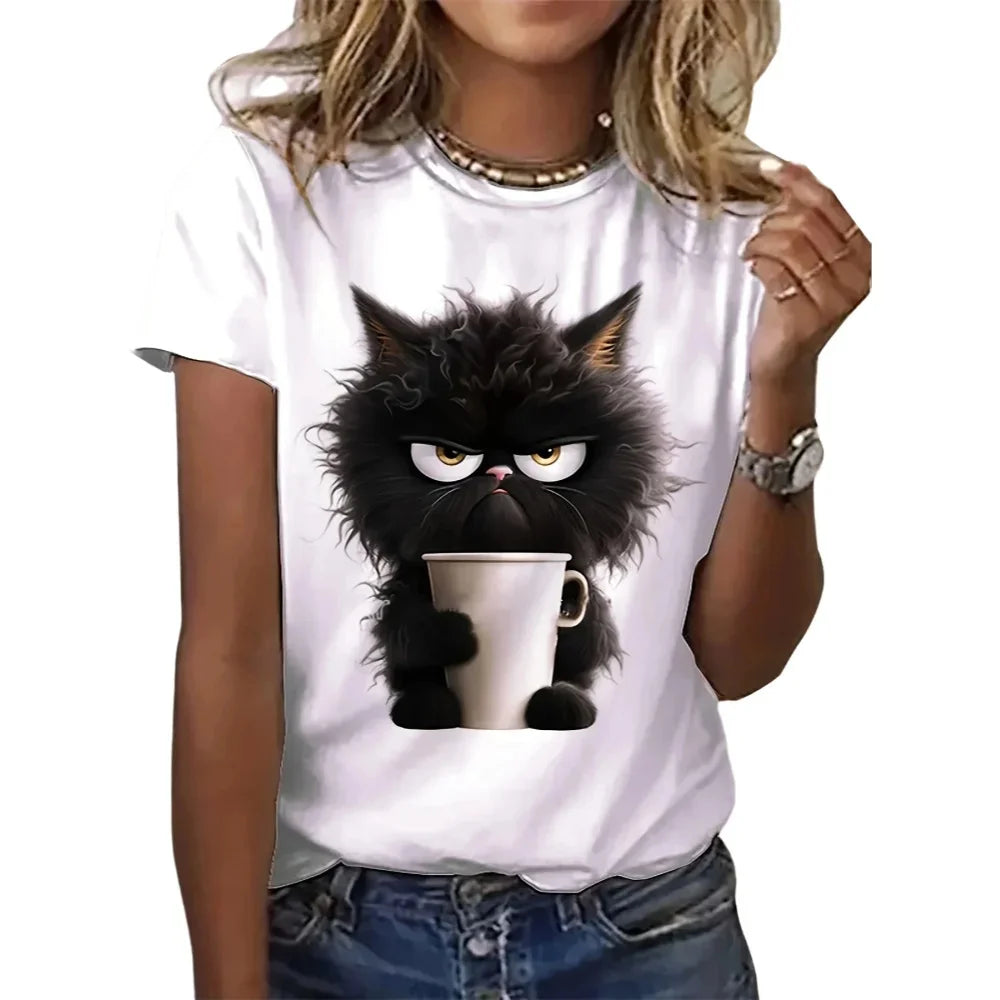 Women's White Cat Graphic Print Short Sleeve T-Shirt