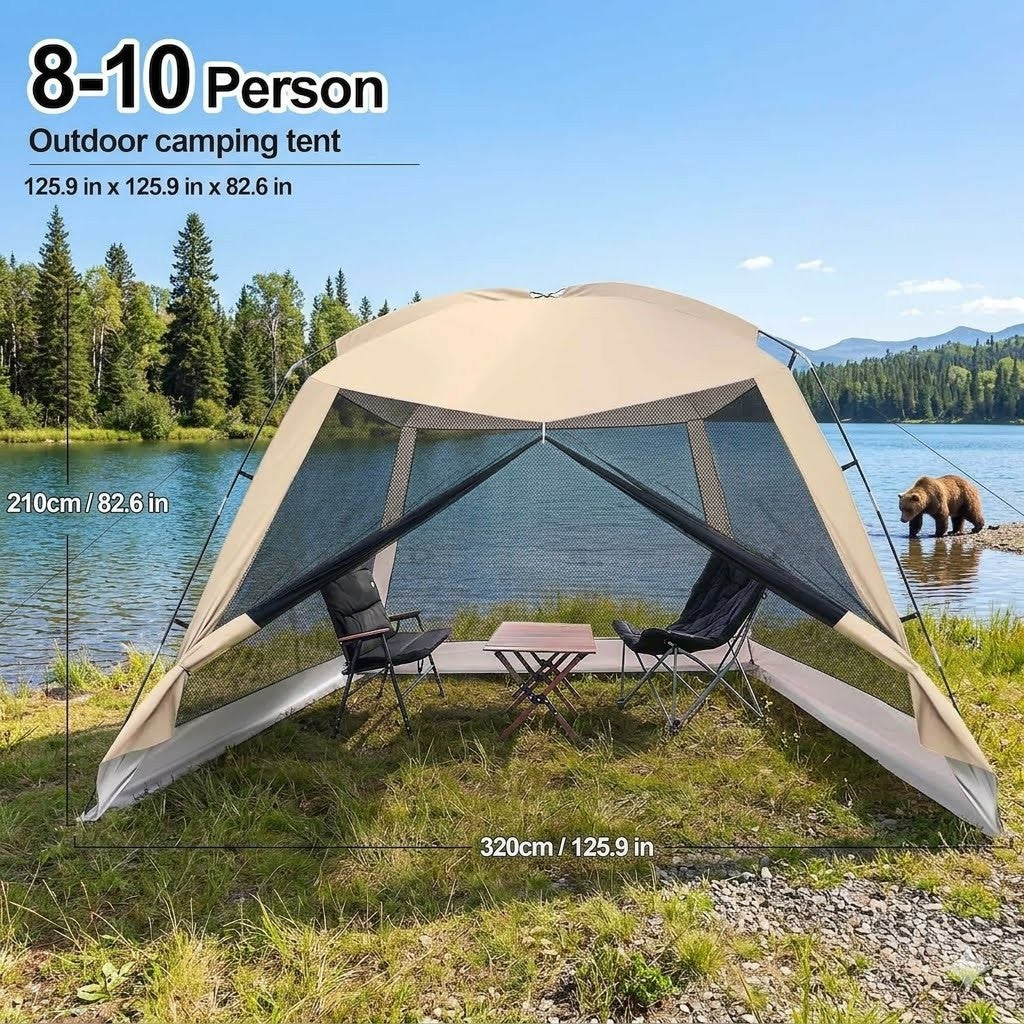 Outdoor camping tent for 8-10 people with dimensions displayed, set against a scenic lake and forest background.
