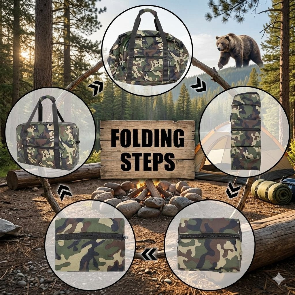 A promotional collage showing a camouflage duffel bag in a forest campsite scene, with circular insets illustrating folding steps and a central wooden sign reading 'FOLDING STEPS'.