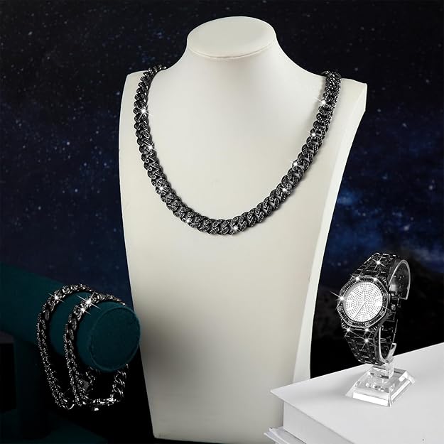 NEW! Cuban Link Chains Artificial Diamond Jewelry Set Necklace Bracelet Watch - BigGreenBear.com jewelry 34.55 USD Big Green Bear