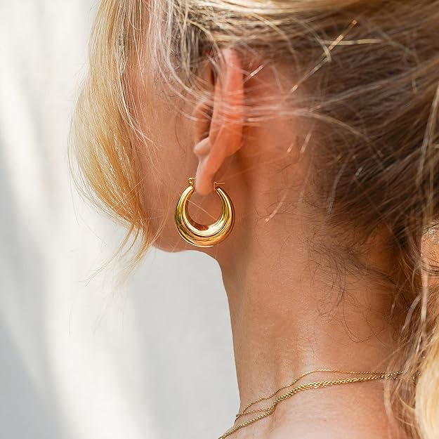 Chunky Gold Hoop Earrings for Women, 14k Gold Plated Thick Triple Hoop Earrings