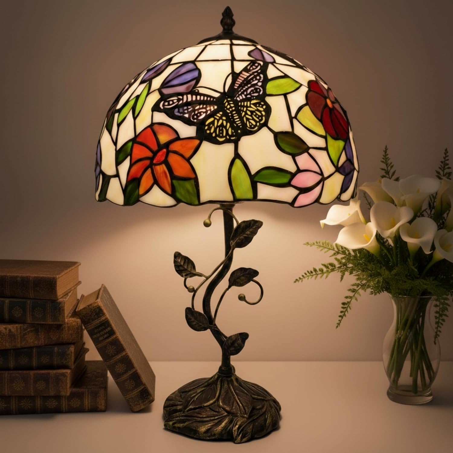 Table Lamp, 12" Butterfly Flower Handmade Stained Glass Lamp Shade -  BigGreenBear.com table lamp 149.99 USD Big Green Bear