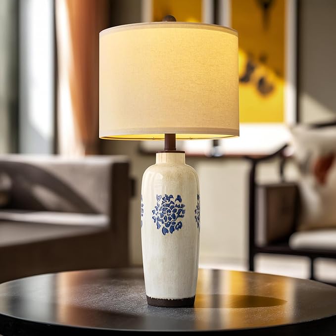 NEW! 24.75" Modern Ceramic Table Lamp for Bedroom Bedside Lamps Blue and White