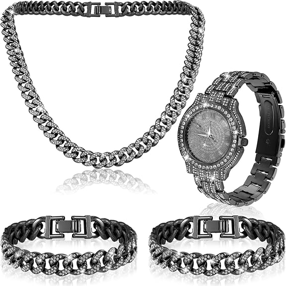 NEW! Cuban Link Chains Artificial Diamond Jewelry Set Necklace Bracelet Watch - BigGreenBear.com jewelry 34.55 USD Big Green Bear