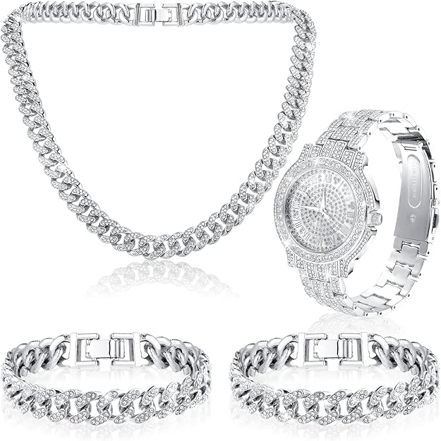 Silver Cuban Link Chains Artificial Diamond Jewelry Set Necklace Bracelet Watch - BigGreenBear.com jewelry 35.78 USD Big Green Bear