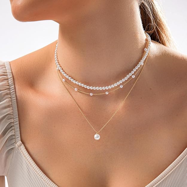 NEW! Stunning 3PCS Gold Plated Layered Pearl Choker Necklace