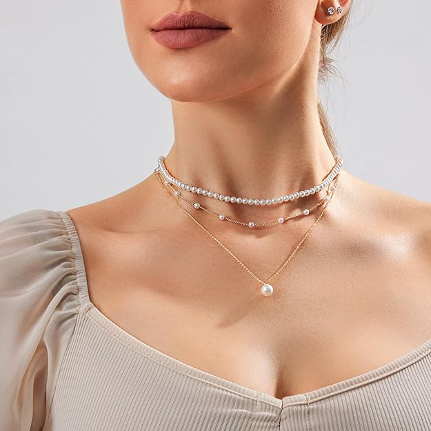 NEW! Stunning 3PCS Gold Plated Layered Pearl Choker Necklace