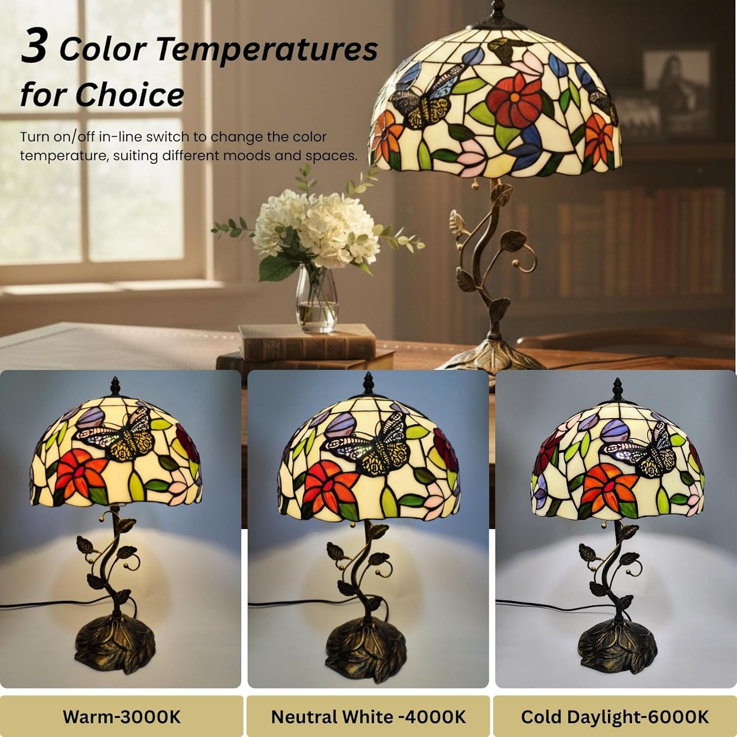 Table Lamp, 12" Butterfly Flower Handmade Stained Glass Lamp Shade -  BigGreenBear.com table lamp 149.99 USD Big Green Bear