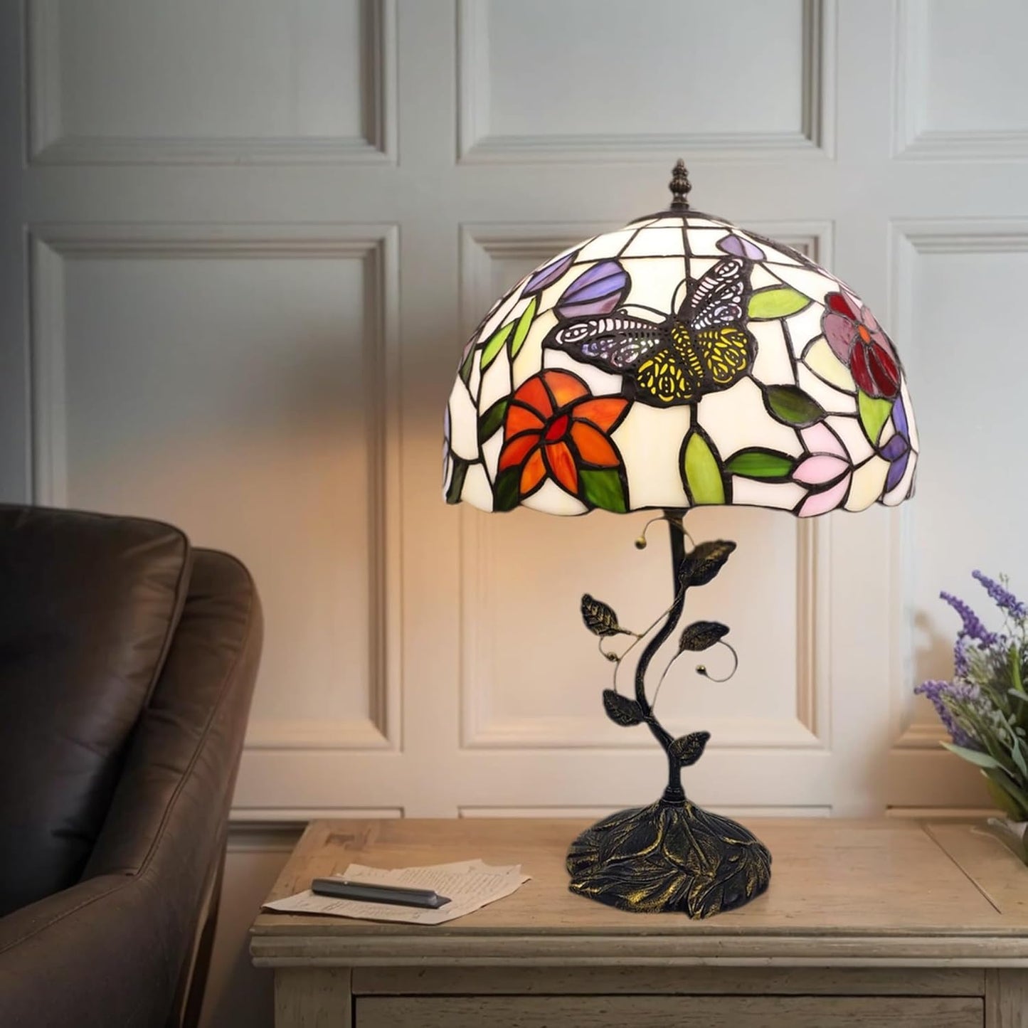 Table Lamp, 12" Butterfly Flower Handmade Stained Glass Lamp Shade -  BigGreenBear.com table lamp 149.99 USD Big Green Bear