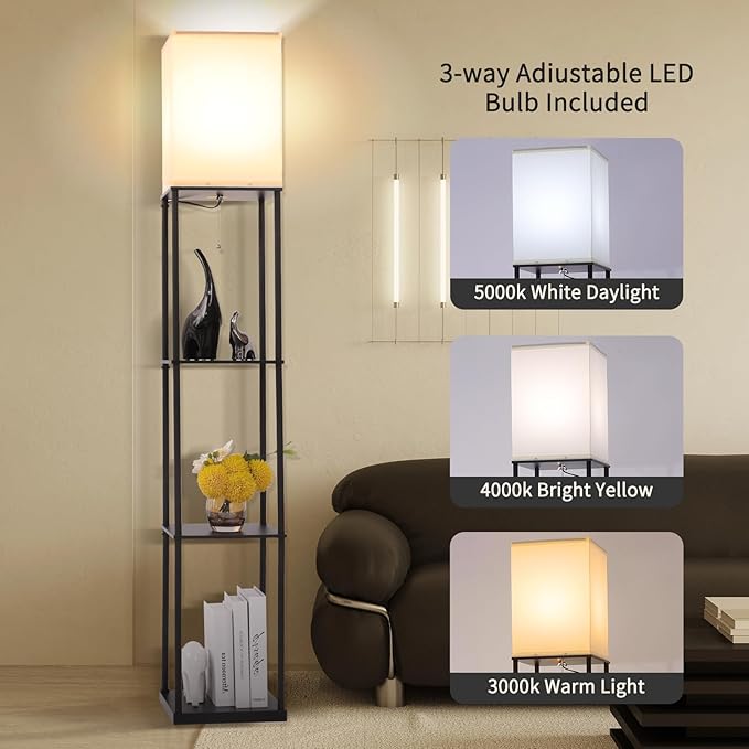 Floor Lamp with Shelves, Modern Square Standing Lamp with 3 Color Temperature Bulb -  BigGreenBear.com Lighting 39.99 USD Big Green Bear