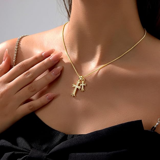 Double Cross - Gold Cross Necklace for Women 14K Plated Dainty Pendant Cross -  BigGreenBear.com jewelry 14.99 USD Big Green Bear