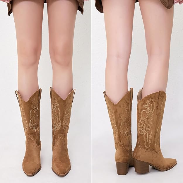 Cowgirl Boots Women Knee High Boots Pointed Toe and Block Heel with Embroidered -  BigGreenBear.com boots 89.99 USD Big Green Bear
