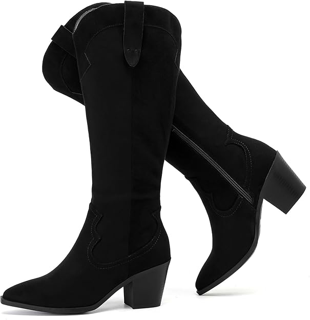 NEW Women's Black Knee High Boots Chunky Block Low Heel and Slouchy Pointed Toe - Big Green Bear 89.99 USD Big Green Bear