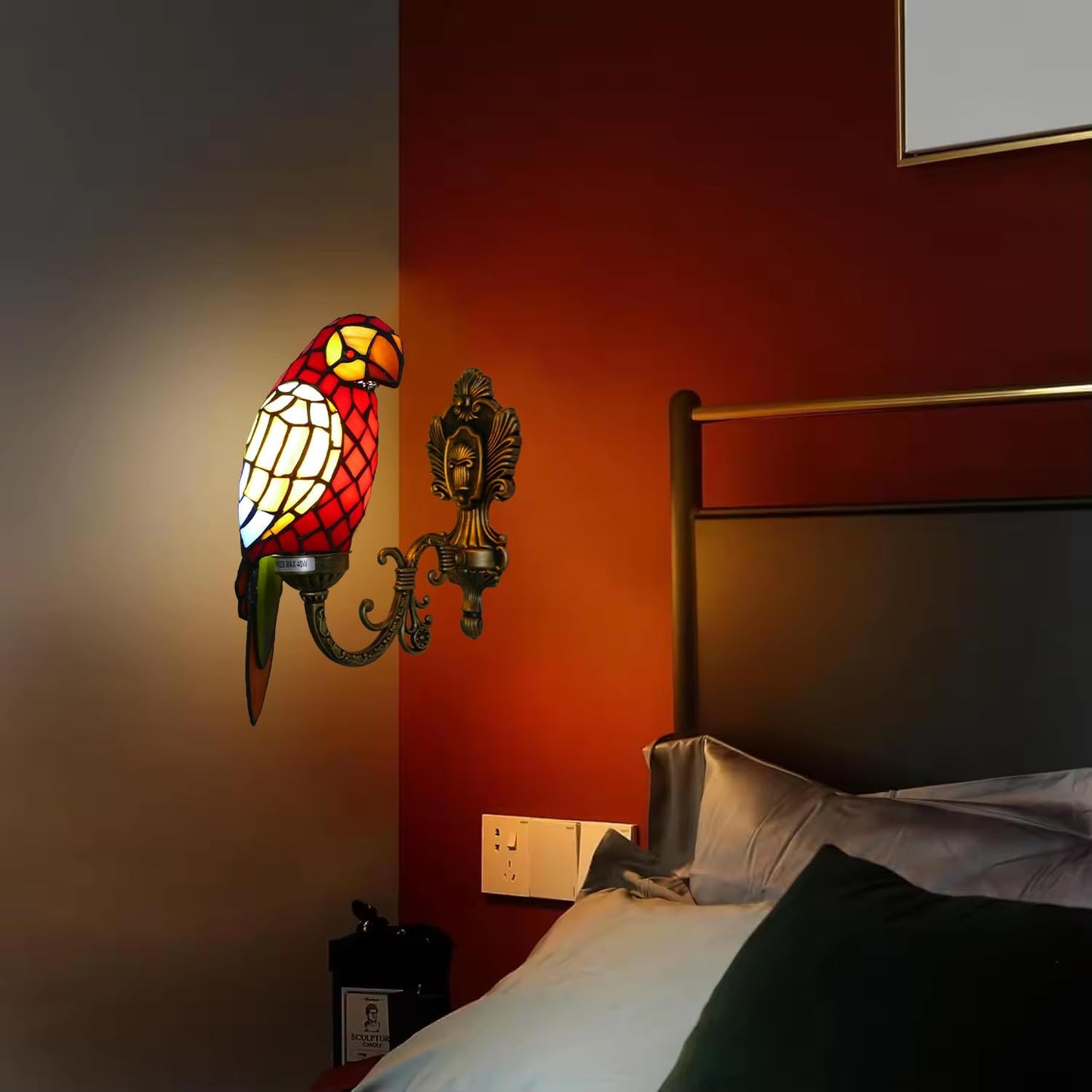 Tiffany Red Parrot Wall Light Handmade Stained Glass Gooseneck Wall Sconce - BigGreenBear.com Lighting 89.99 USD Big Green Bear