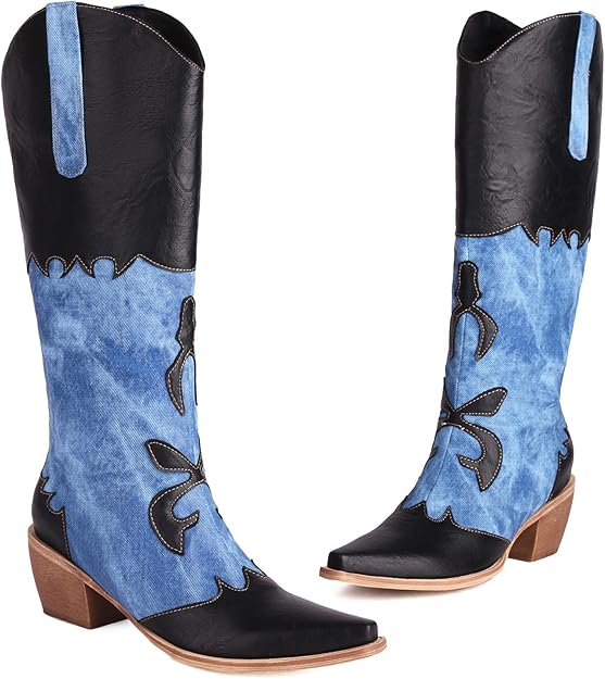 Women Denim Cowboy Boots Patchwork Knee High Boots Colorblock Western Cowgirl - BigGreenBear.com boots 79.99 USD Big Green Bear