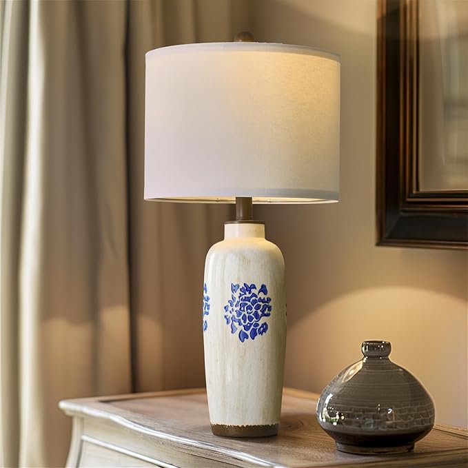 NEW! 24.75" Modern Ceramic Table Lamp for Bedroom Bedside Lamps Blue and White