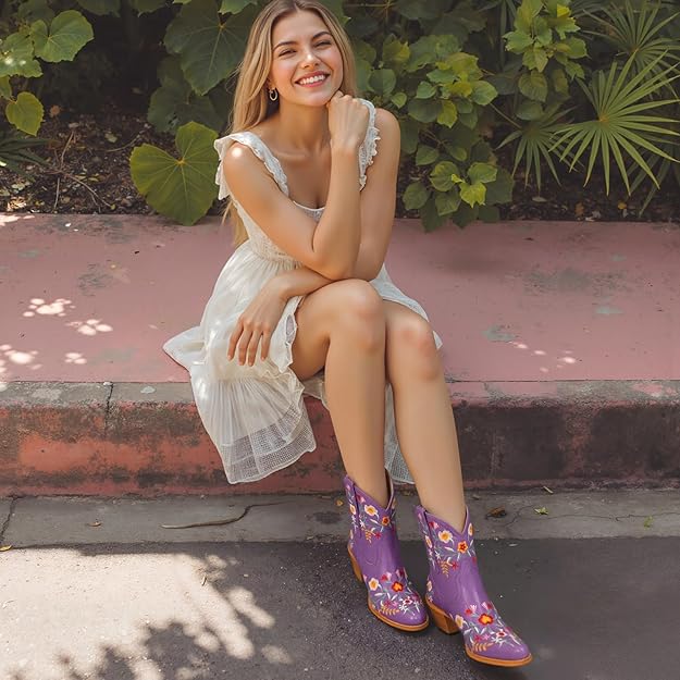 Cowgirl Boots Floral Snip Square Toe Western Cowboy Boots Chunky Heel Pull On Short Boots