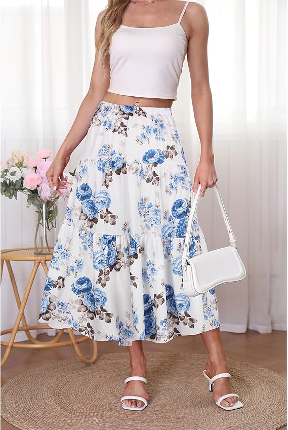 Women's Boho Midi Skirt A-Line Ruffle Elastic High Waist Tiered Flowy Skirts